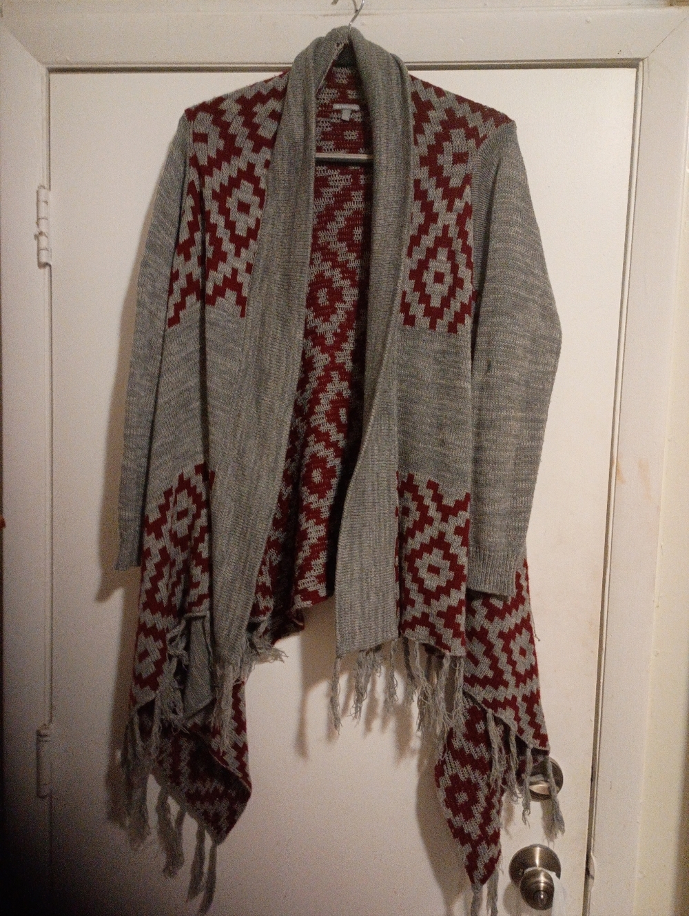 Open-Front Gray and Burgundy Aztec Knit Sweater